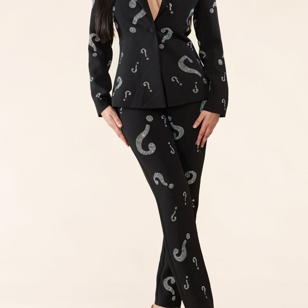 BLACK PANTSUIT W/ RHINESTONE QUESTION MARKS - Picture 2 of 7